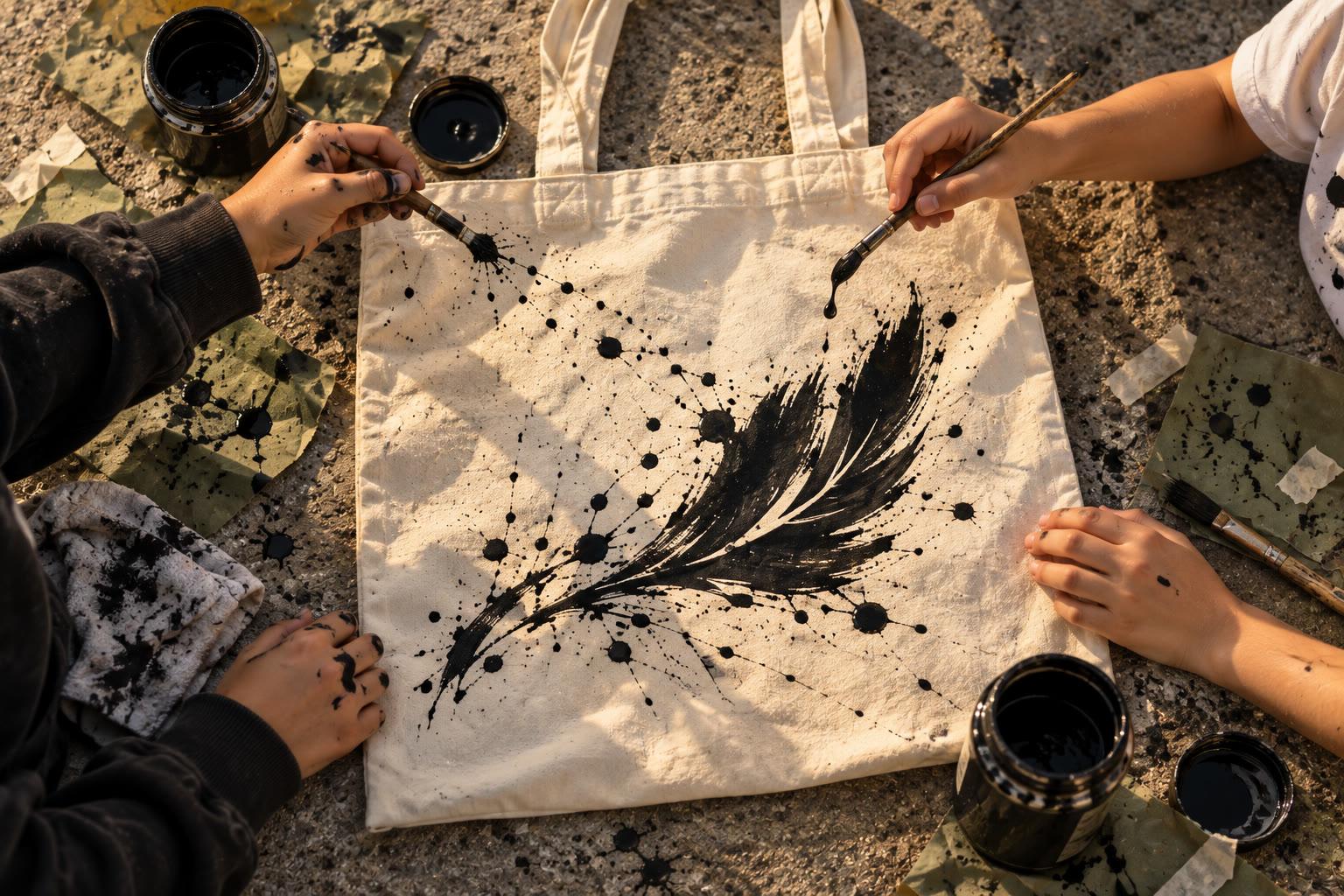Two pairs of hands flicking black ink onto a canvas tote until it looks like a feather