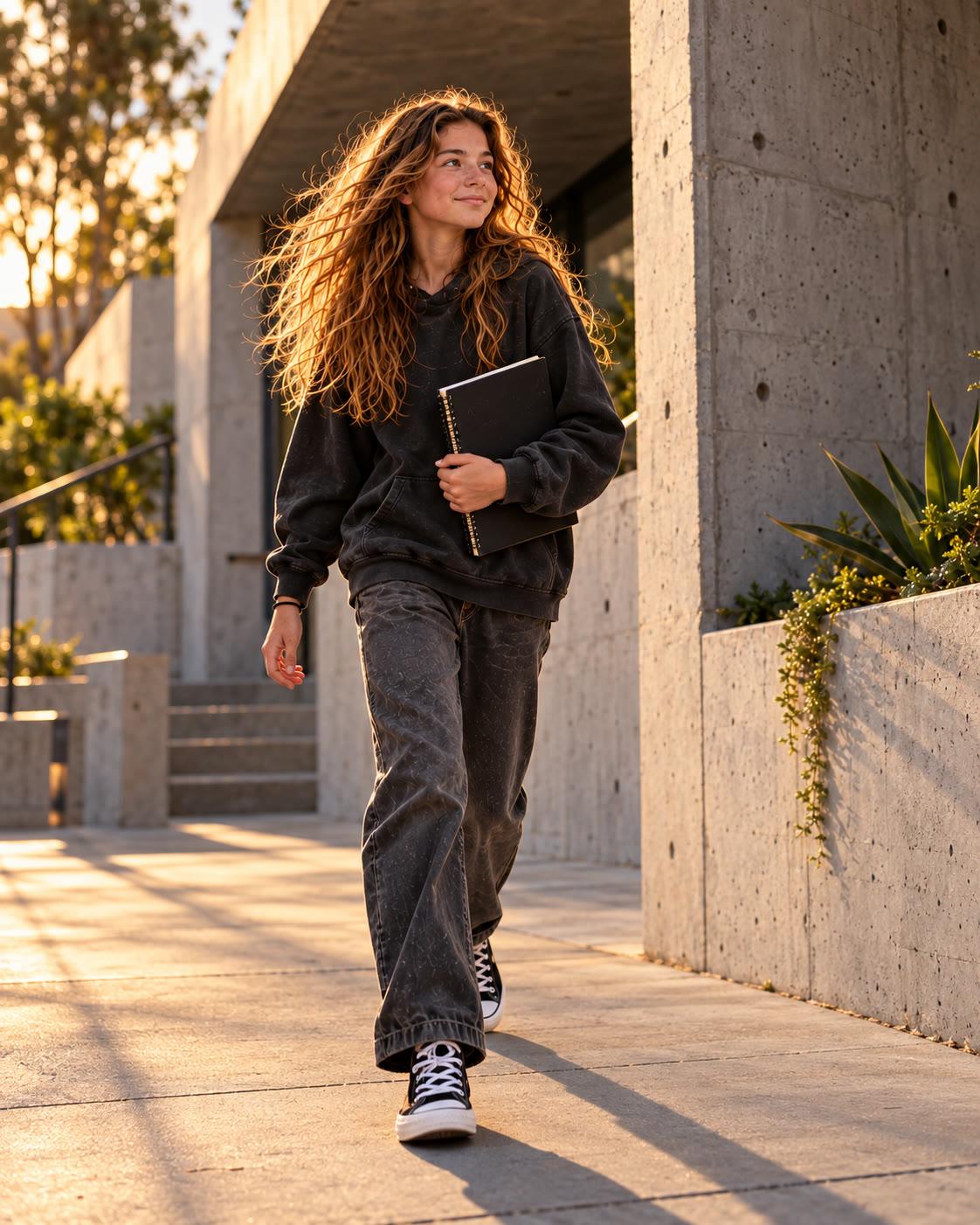 Brielle walking past concrete walls at golden hour, a notebook under her arm