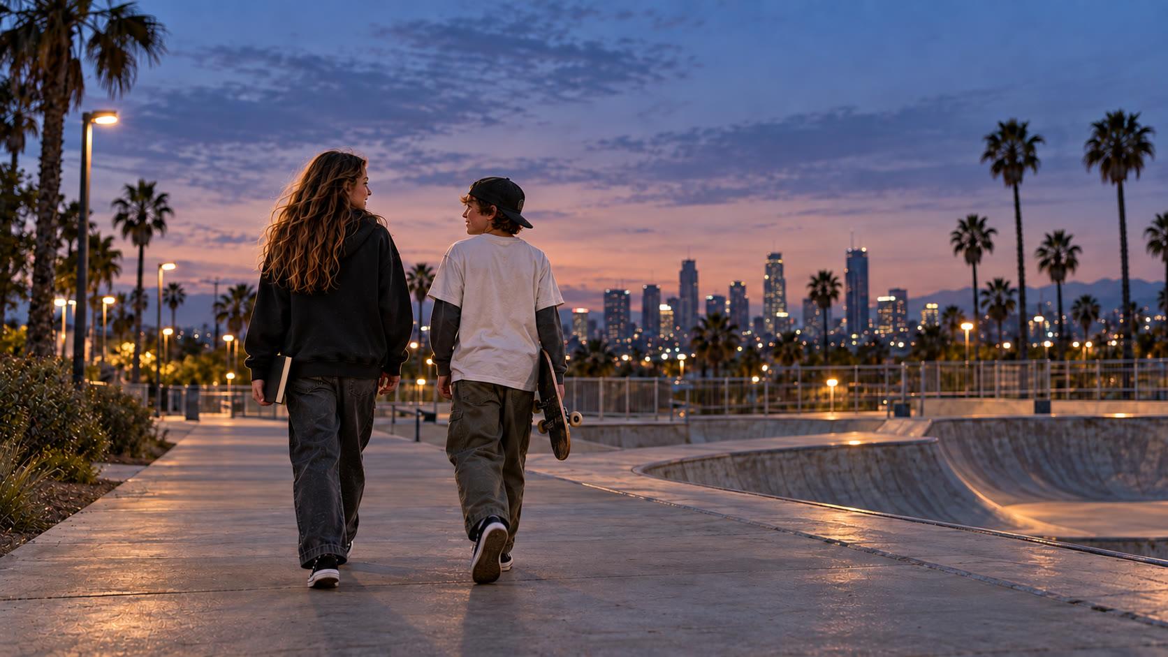 Brielle and Link walking past the skatepark at dusk, city lights coming on behind them